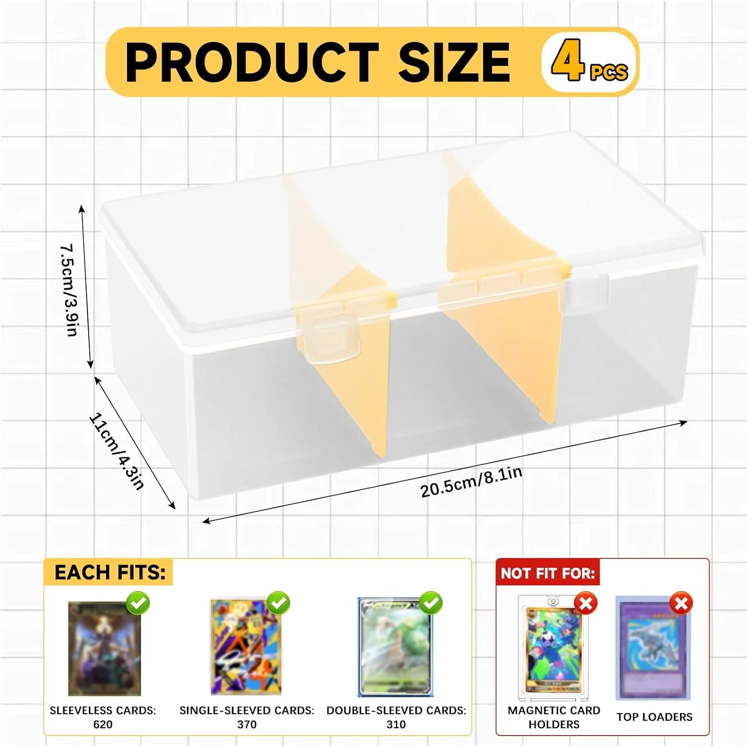 4Pcs Plastic Trading Card Storage Box, Holds 2400  Unsleeved Cards with 4 Dividers, Organizer for MTG, PTCG, YGO, CCG, and Sports Card Collections