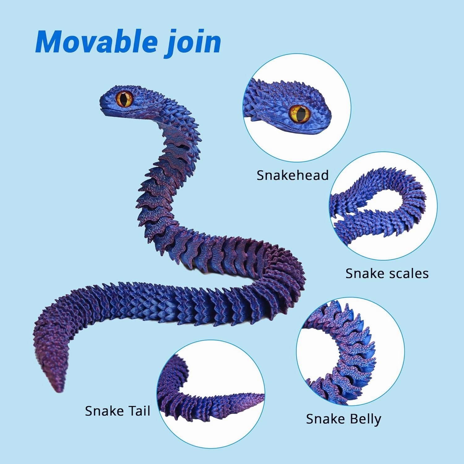 4PCS 3D Printed Snake Fidget Toy, 3D Printed Animals, 12 Inch Articulated 3D Printed Crystal Anaconda for Relaxing and Anxiety Relief，Home Office Executive Desk Decoration