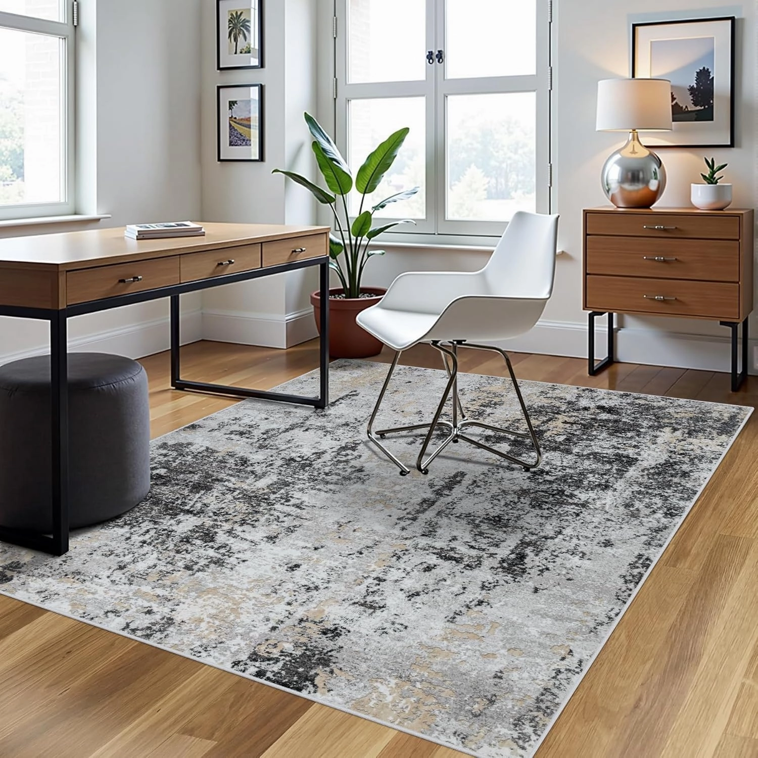4x6 Area Rugs for Living Room Rug Washable: Abstract Rug for Dining Room Bedroom Carpet Non Slip 4 by 6 Indoor Modern Nursery Home Office Black Grey Gold