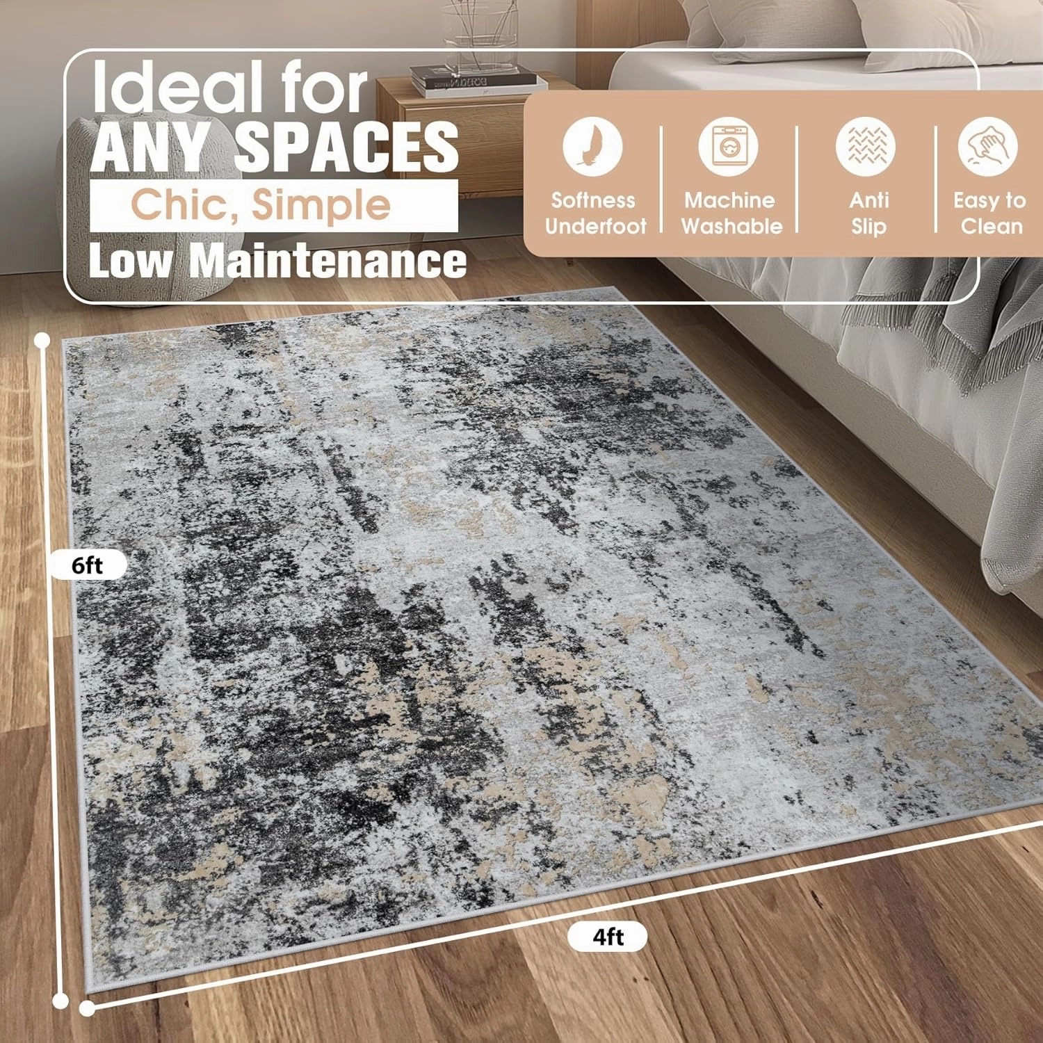 4x6 Area Rugs for Living Room Rug Washable: Abstract Rug for Dining Room Bedroom Carpet Non Slip 4 by 6 Indoor Modern Nursery Home Office Black Grey Gold