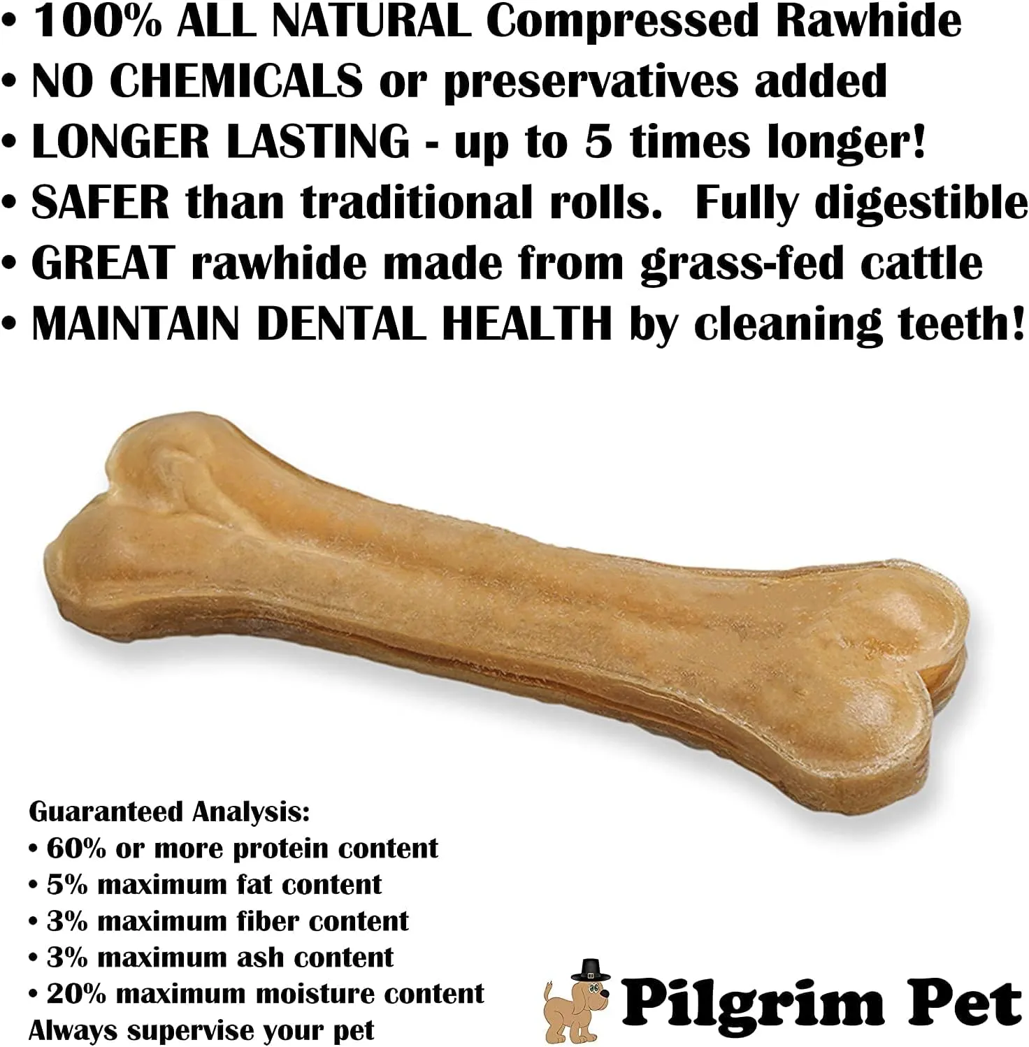 5-Pack of Premium Compressed Rawhide Bones for Dogs - Long Lasting 100% All Natural Bones for Aggressive Chewers (Medium Bones ~ 6.5")