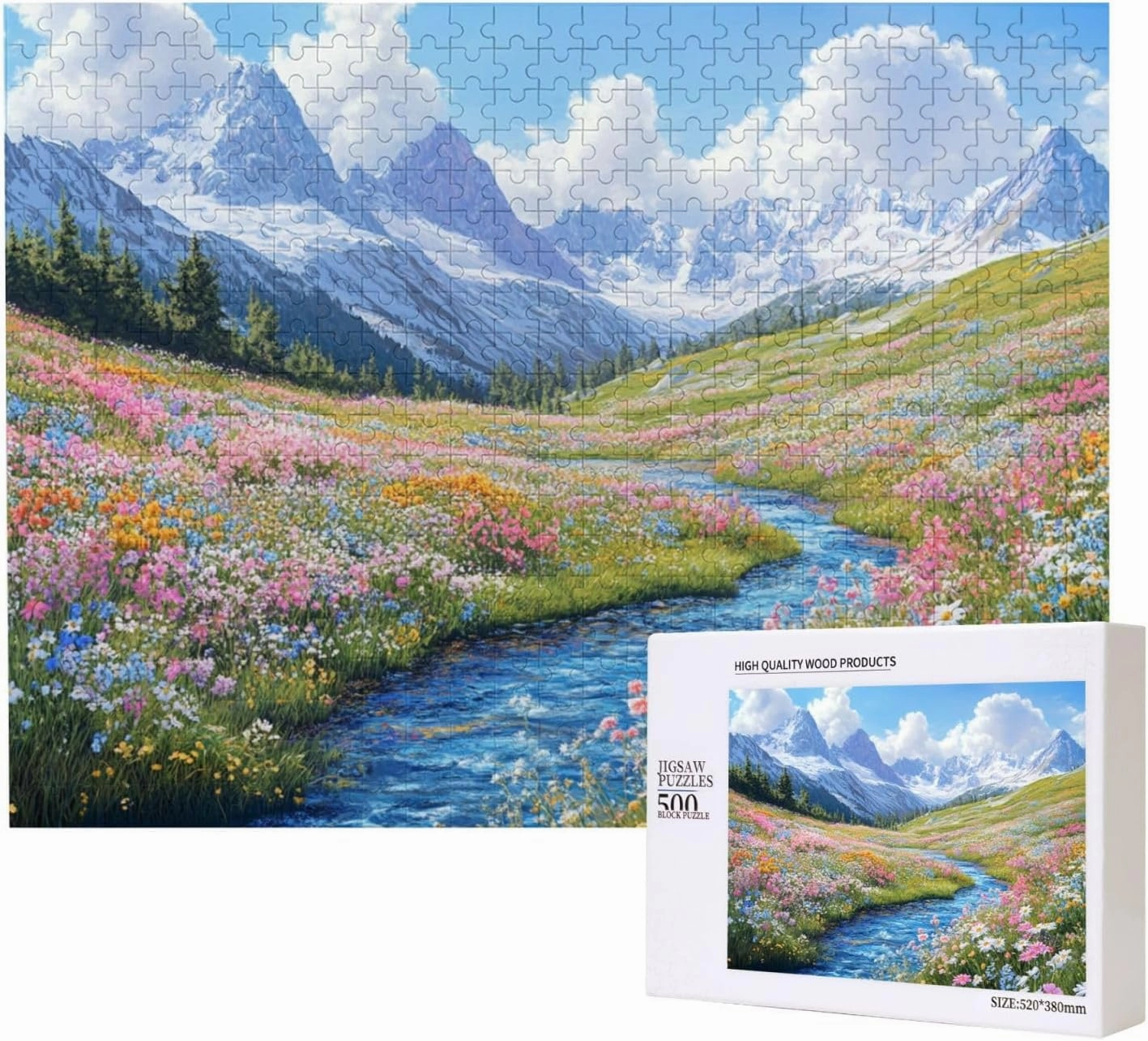 500 Piece Wooden Jigsaw Puzzle for Adults, Idyllic Alpine View with Flower Carpet and Snow-Covered Mountain, Creative Escape, Exploratory Hobbies and Challenges, Enjoy The Process
