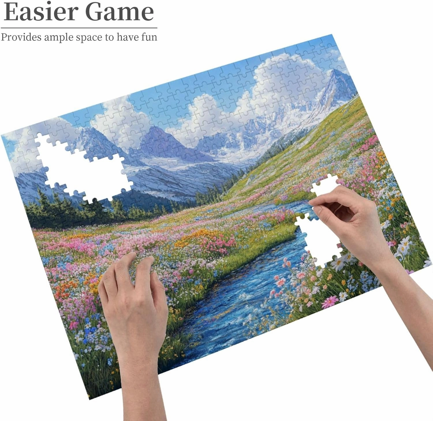 500 Piece Wooden Jigsaw Puzzle for Adults, Idyllic Alpine View with Flower Carpet and Snow-Covered Mountain, Creative Escape, Exploratory Hobbies and Challenges, Enjoy The Process