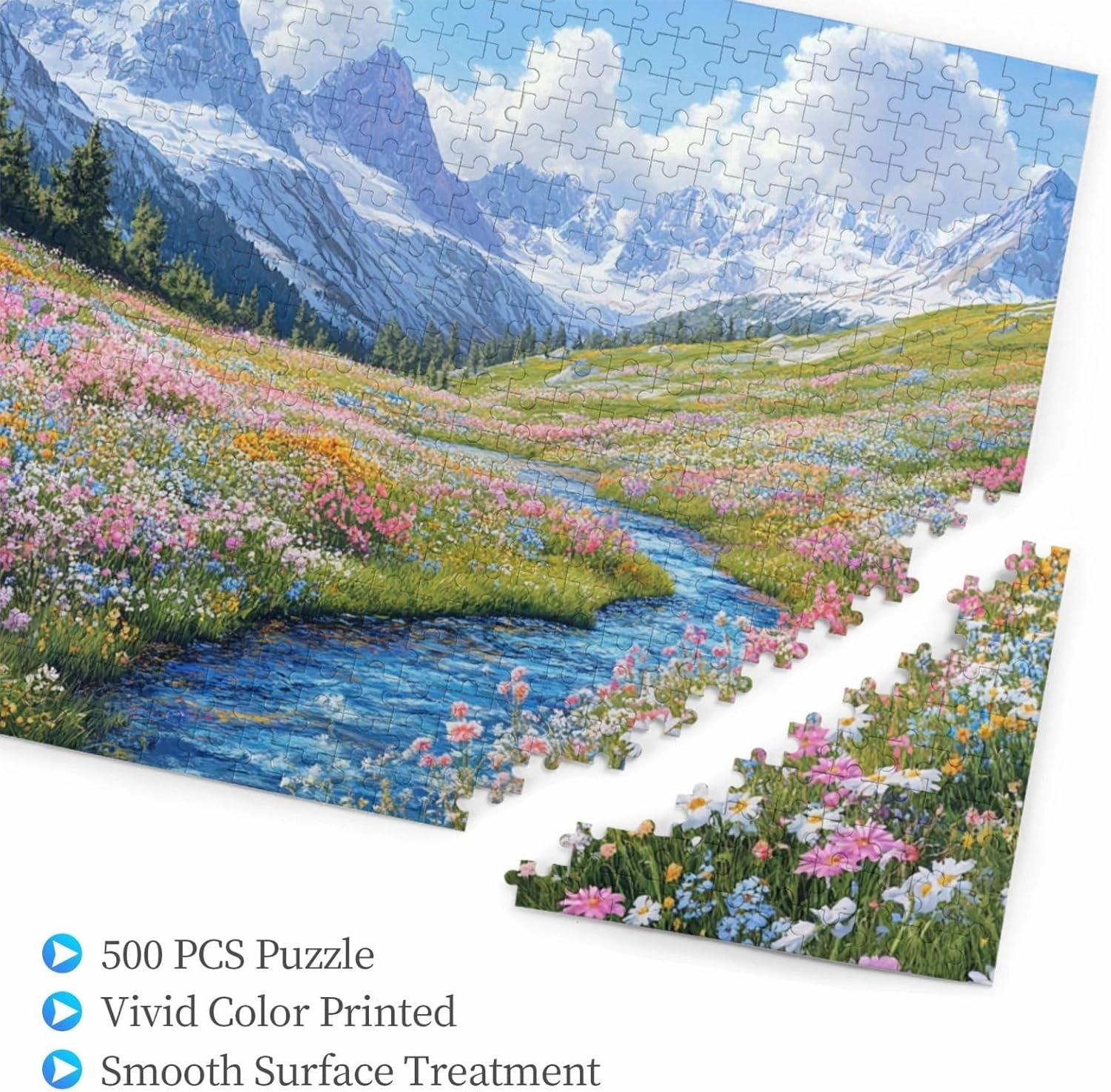 500 Piece Wooden Jigsaw Puzzle for Adults, Idyllic Alpine View with Flower Carpet and Snow-Covered Mountain, Creative Escape, Exploratory Hobbies and Challenges, Enjoy The Process