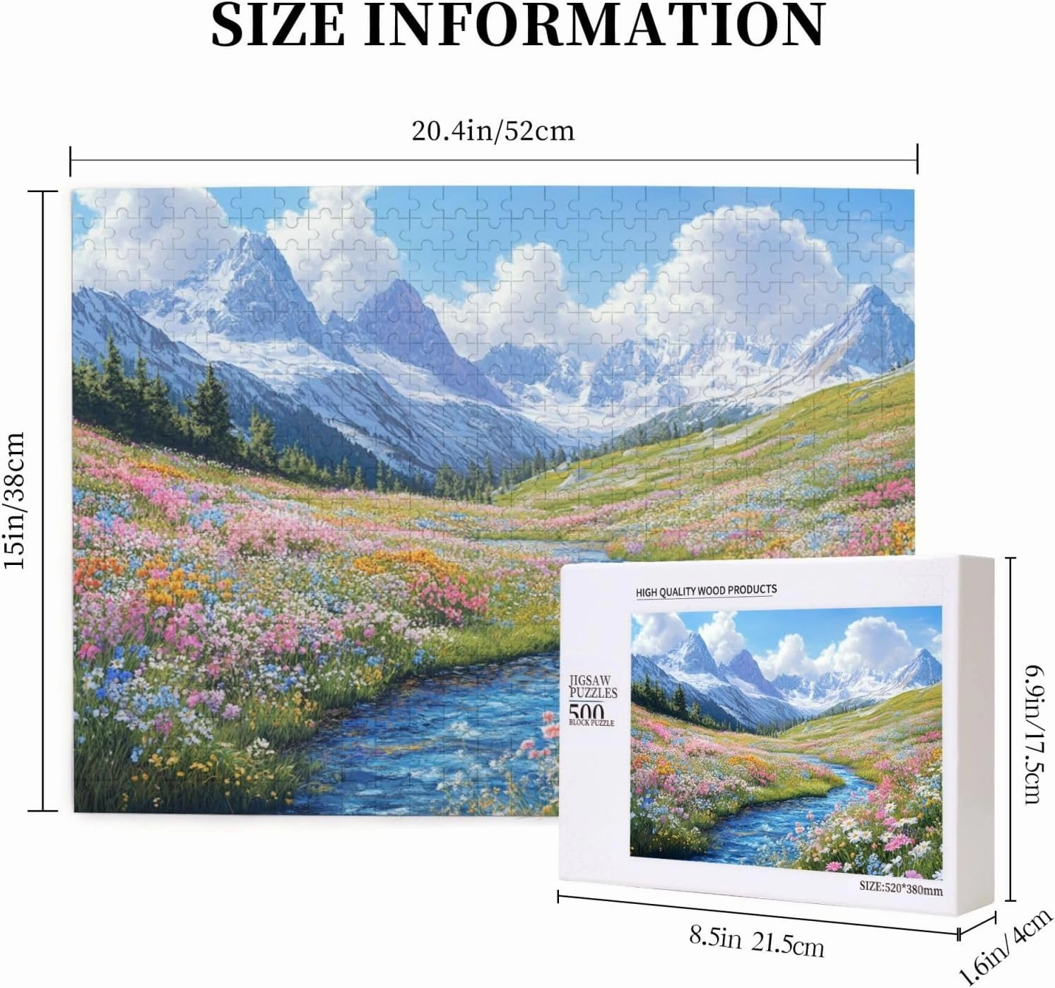 500 Piece Wooden Jigsaw Puzzle for Adults, Idyllic Alpine View with Flower Carpet and Snow-Covered Mountain, Creative Escape, Exploratory Hobbies and Challenges, Enjoy The Process