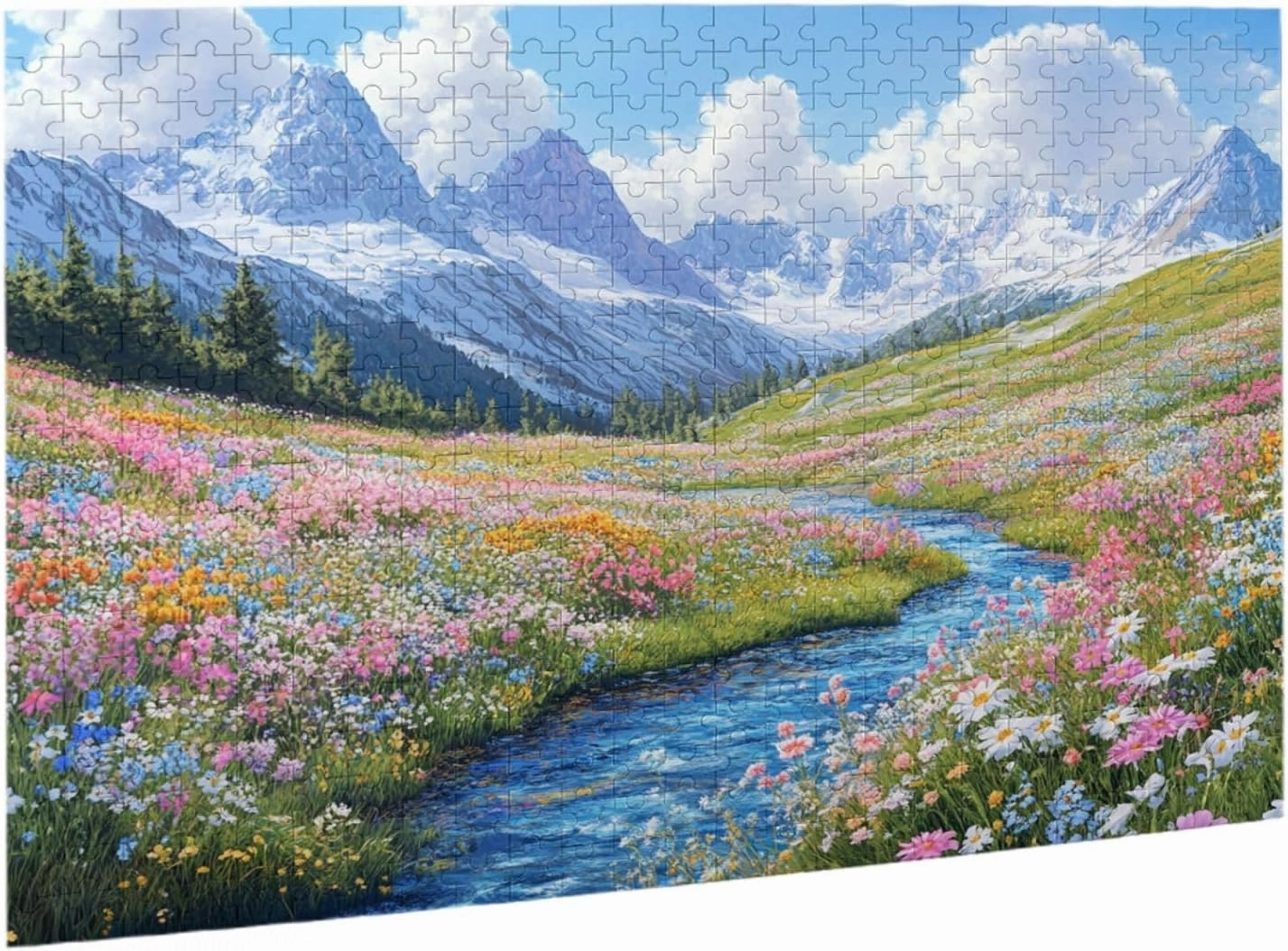 500 Piece Wooden Jigsaw Puzzle for Adults, Idyllic Alpine View with Flower Carpet and Snow-Covered Mountain, Creative Escape, Exploratory Hobbies and Challenges, Enjoy The Process