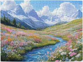 500 Piece Wooden Jigsaw Puzzle for Adults, Idyllic Alpine View with Flower Carpet and Snow-Covered Mountain, Creative Escape, Exploratory Hobbies and Challenges, Enjoy The Process