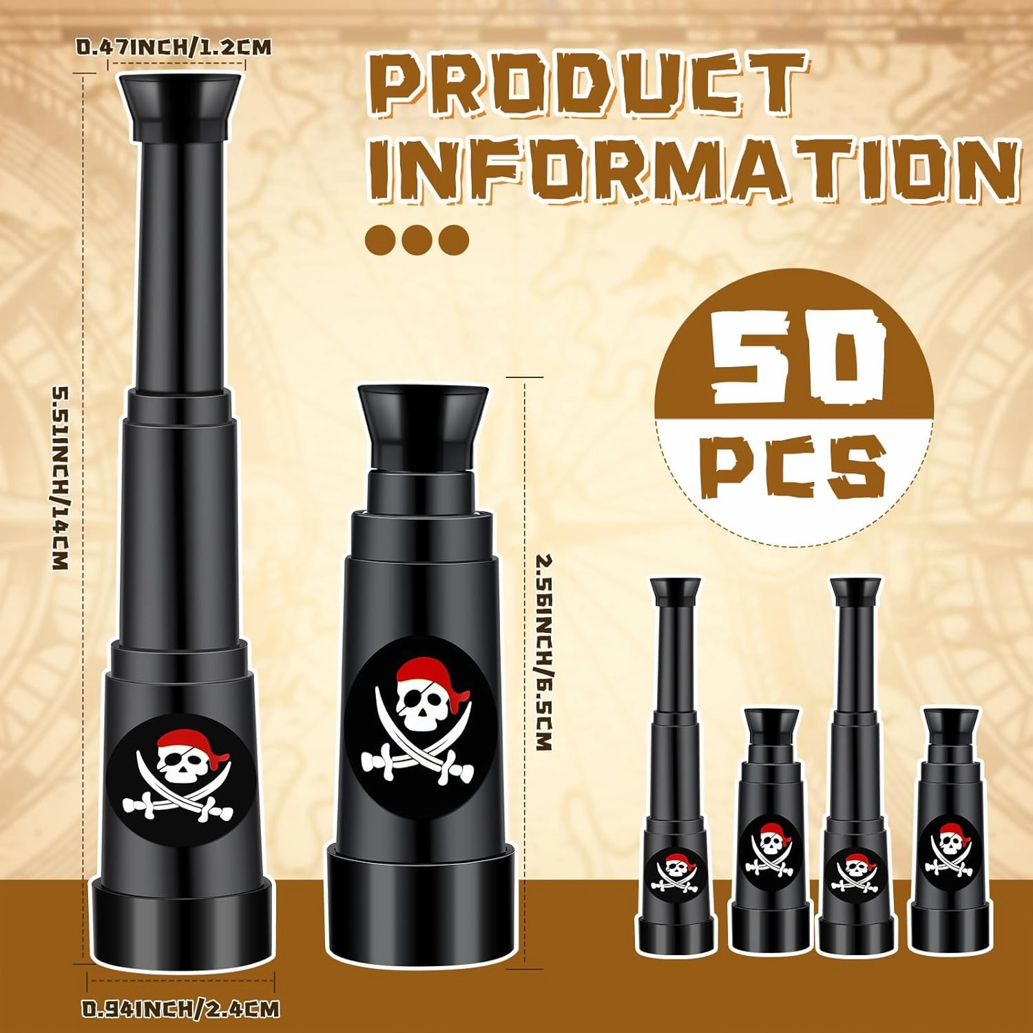 50 Pcs Pirate Telescope Bulk for Party Favors Pirate Theme Telescopes Plastic Mini Monocular Toy for Treasure Pretend Hunt Play Birthday Party Supplies Black 2.6" to 5.5"
