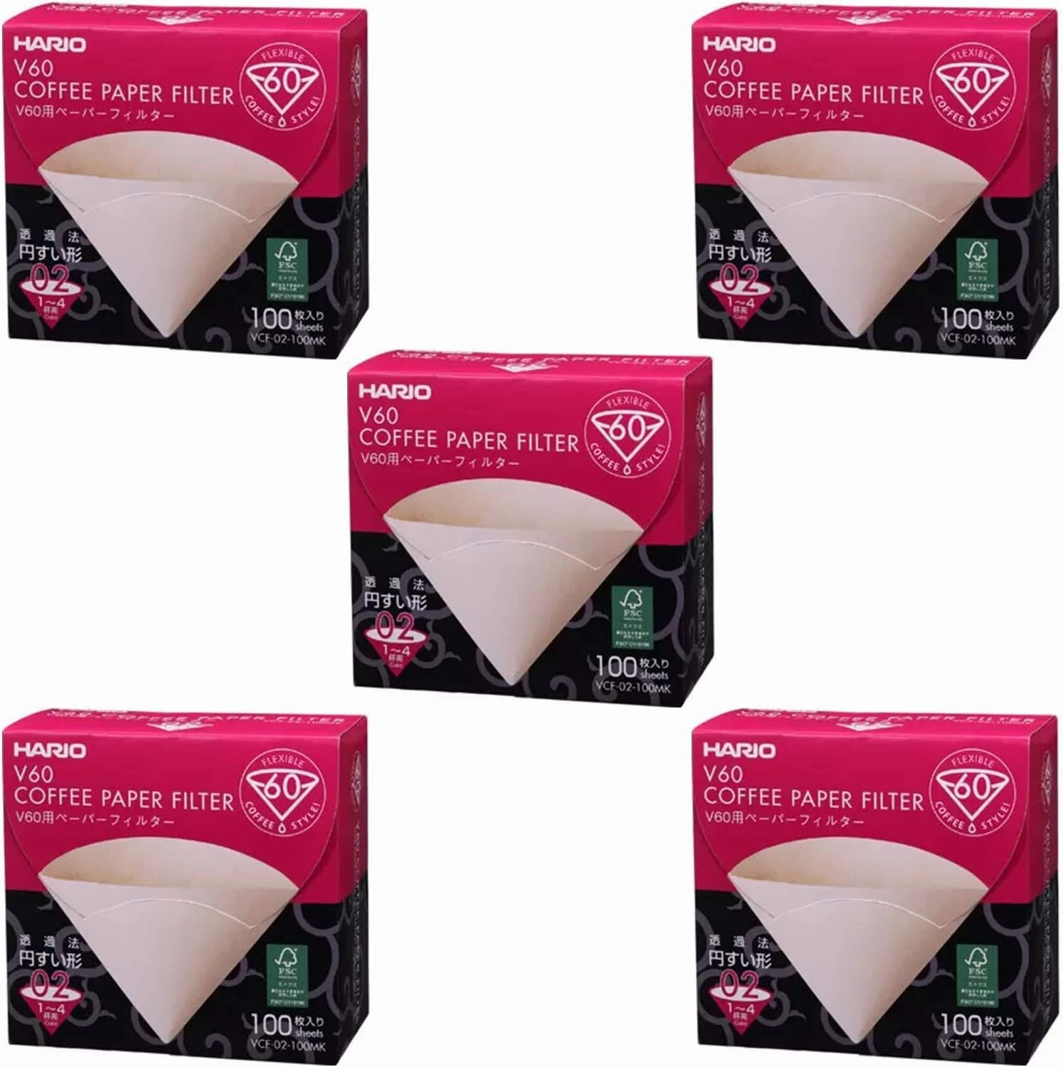 5 X Hario V60 Size 02 100-Count Boxed Coffee Natural Paper Filters, 5 Boxed Value Set (Total of 500 Sheets)