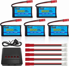 5PCS 3.7V 800mAh 30C Lipo Battery with 5-in-1 Charger JST Plug for SYMA X56W MJX X400W X300C X800 HS110 HS200 S670 V950hd S1750 V2450 RC Drone Four Axis Aircraft (5PCS Battery 5-in-1 Charger)