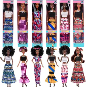 6 Pack African American Fashion Dolls Set with Mix & Match Outfits – 11.5" Posable Black Dolls & 5 Accessories Each (Crown, Necklace, Headscarf & More)   Pink Gift Case