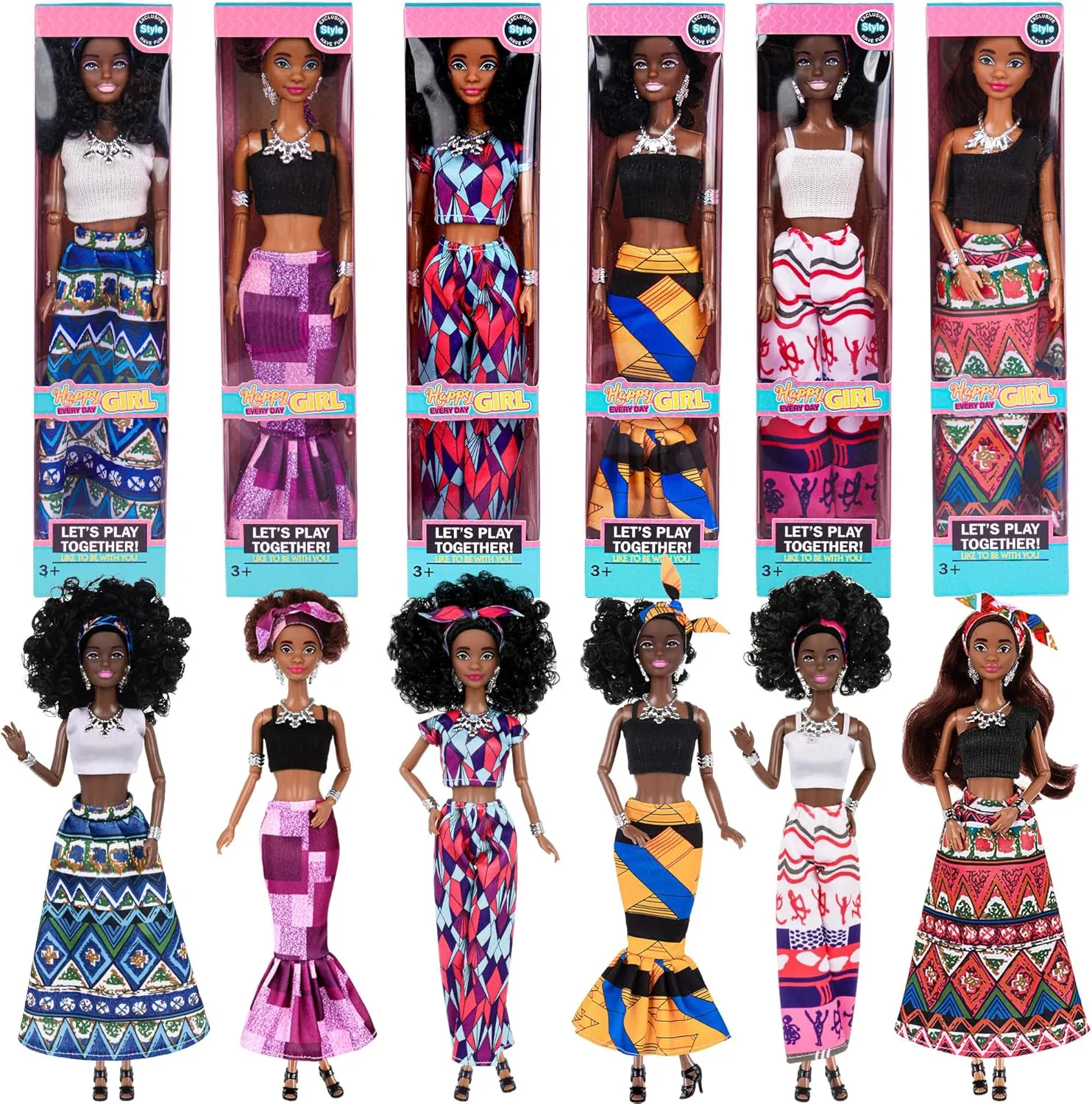 6 Pack African American Fashion Dolls Set with Mix & Match Outfits – 11.5" Posable Black Dolls & 5 Accessories Each (Crown, Necklace, Headscarf & More)   Pink Gift Case