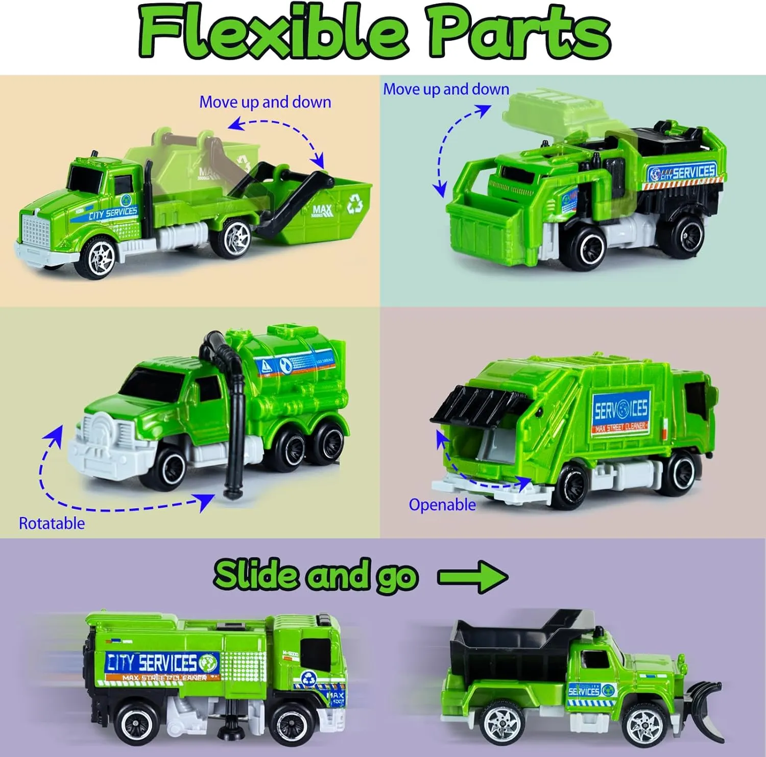6 Pack Diecast Garbage Truck Toys for Kids, Mini Alloy Sanitation Truck Toy Recycling Sanitation Trucks Model Set, Educational Toddler Car Toys Birthday Gifts for Boys Girls 3-7 8 9