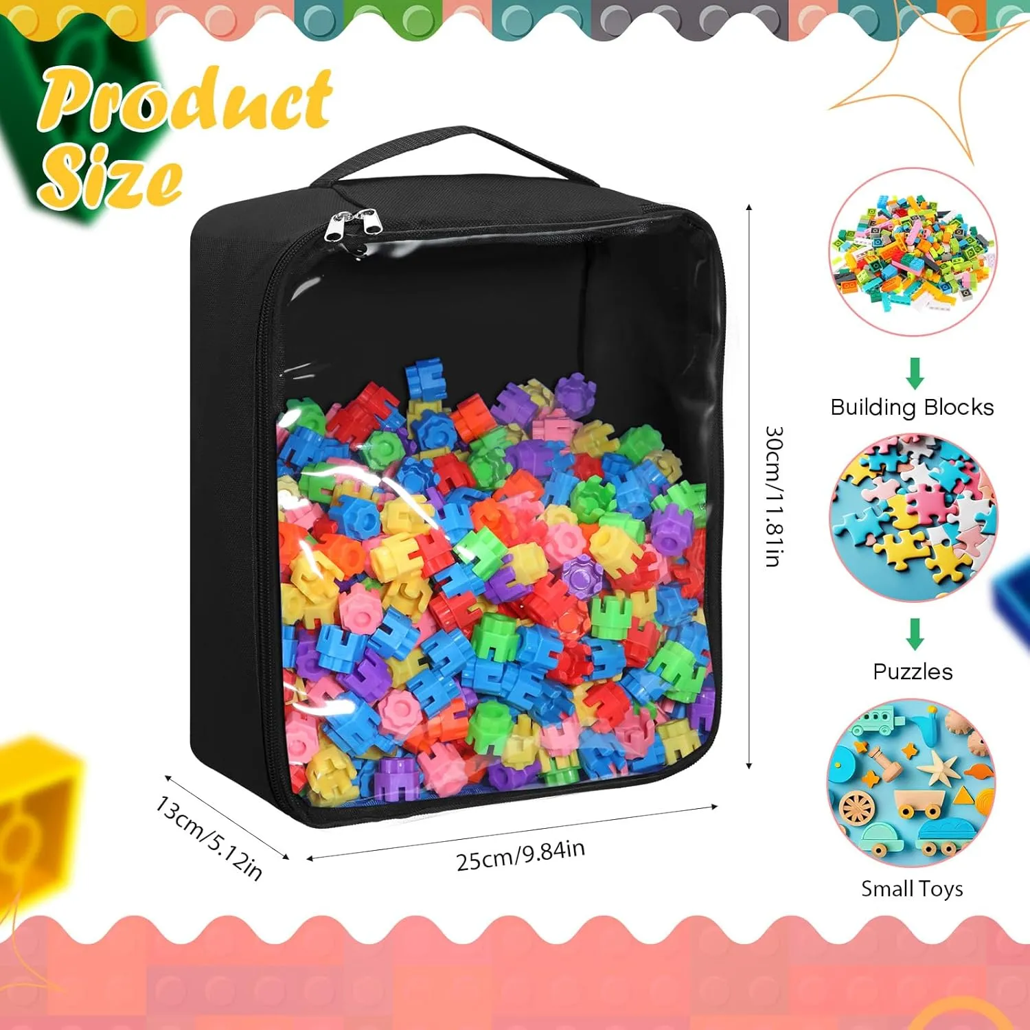 6 Packs Toy Storage Bags with Clear PVC Window, Large Reusable Oxford Fabric Organizing Bags, Toy Bags for Building Blocks, Puzzles and Board Games Storage(Black)