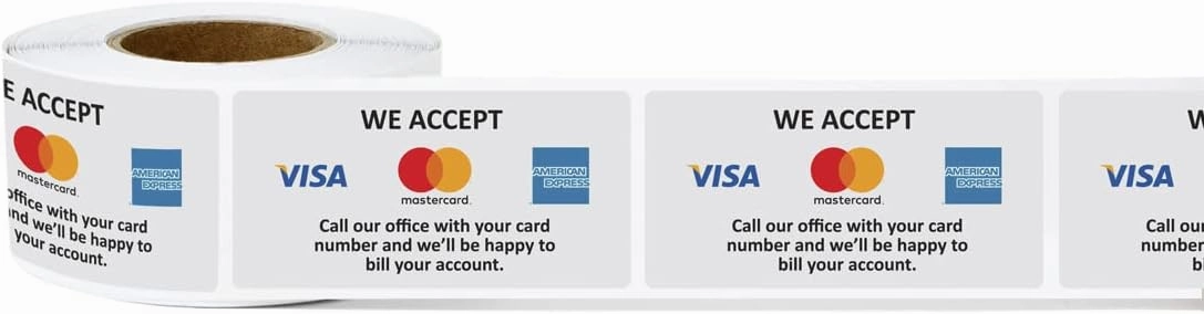 600 Credit Card Sticker Signs Stickers - 2 Rolls of 300 Labels - 1 x 2 Inch We Accept Credit Cards Sign Visa MasterCard American Express Forms of Payment Accepted Sign for Billing