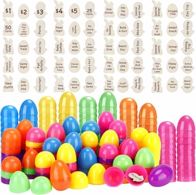 60 Sets Easter Egg Tokens with Plastic Easter Eggs, Bulk Colorful Fillable Reward Prizes Wooden Bunny Chick Tokens Prefilled Basket Stuffers Gift for Kids Hunt Toys, Fun Filled Activity