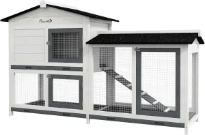 62" Rabbit Hutch, Wooden Bunny Hutch, Guinea Pig Cage, Small Animal Enclosure with Run Area, Removable Tray, Asphalt Roof, Lockable Doors and Ramp for Outdoor,Garden,Deck, White