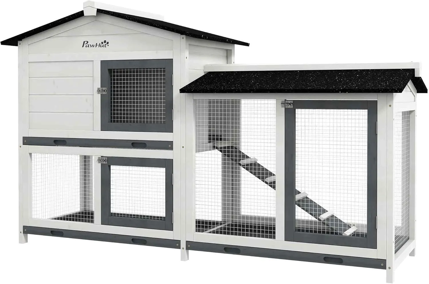 62" Rabbit Hutch, Wooden Bunny Hutch, Guinea Pig Cage, Small Animal Enclosure with Run Area, Removable Tray, Asphalt Roof, Lockable Doors and Ramp for Outdoor,Garden,Deck, White