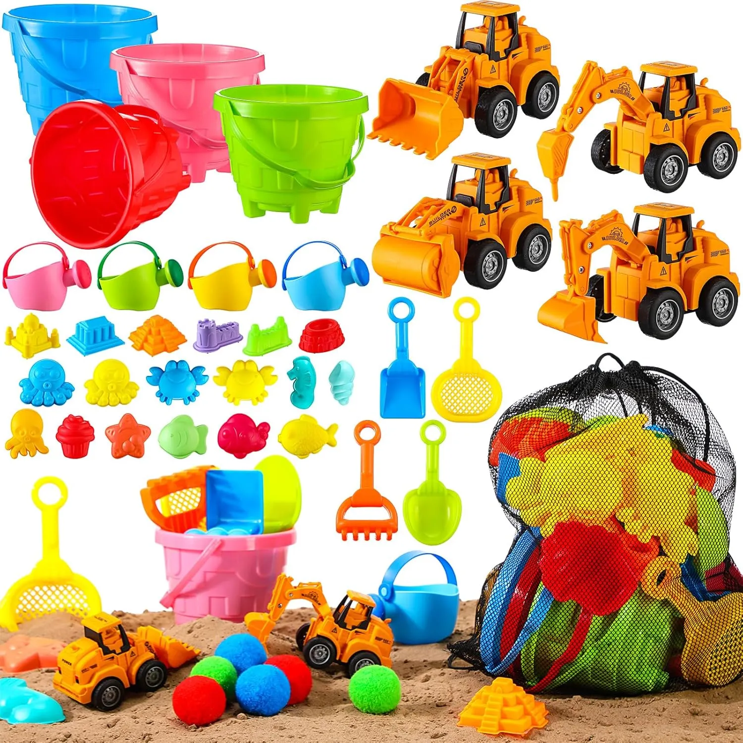 68 Pcs Pool Party Favors Beach Toys for Aged 3-10 Include Sand Buckets Construction Cars Rake Sieve Shovel Set Ocean Animal Castle Molds Watering Cans Water Balls Mesh Beach Bags for Summer