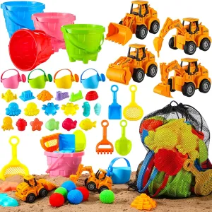 68 Pcs Pool Party Favors Beach Toys for Aged 3-10 Include Sand Buckets Construction Cars Rake Sieve Shovel Set Ocean Animal Castle Molds Watering Cans Water Balls Mesh Beach Bags for Summer