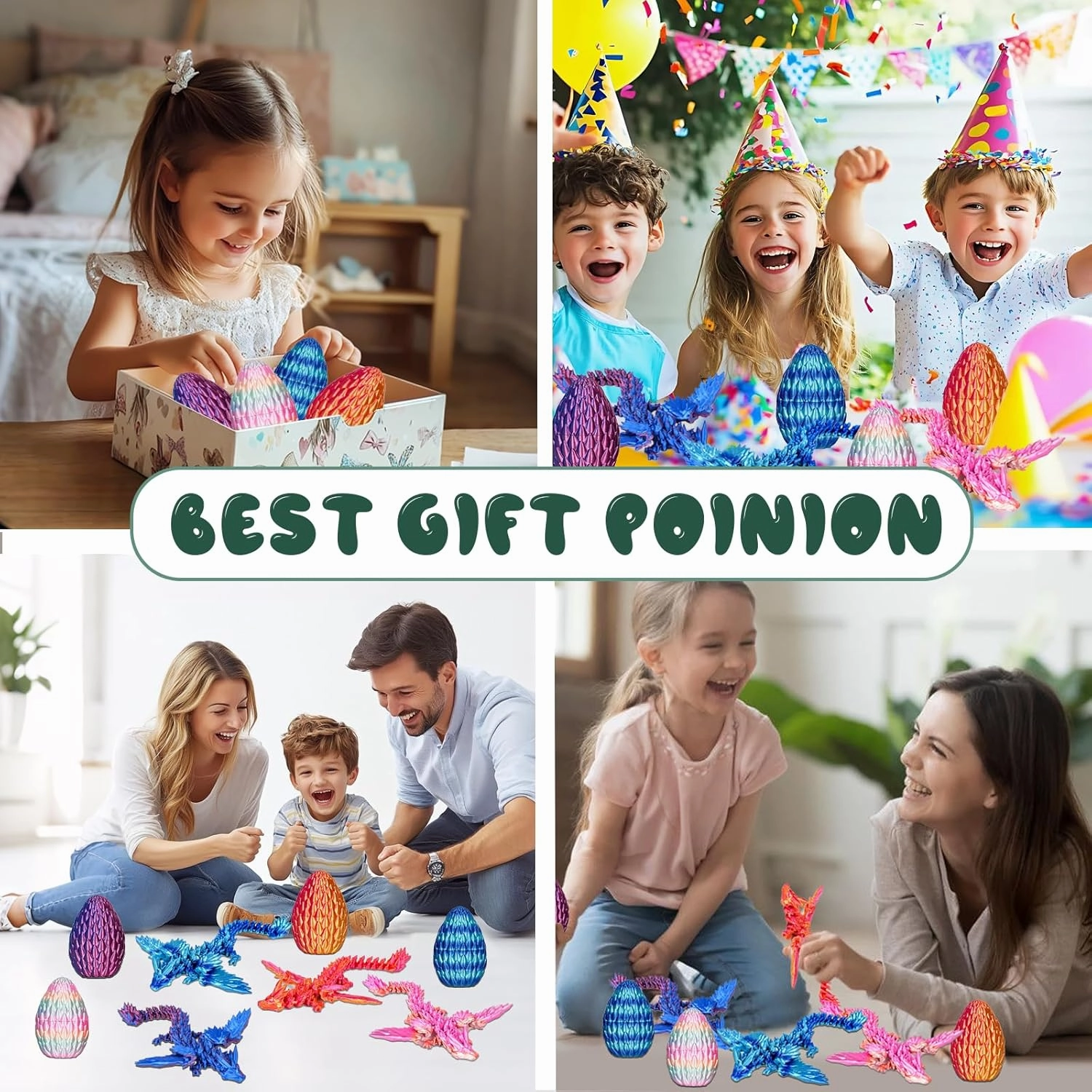 6pack 3D Printed Easter Dragon Eggs, Easter Basket Stuffers, Mini Mystery Dragon Egg with Dragon Inside,Crystal Dragon Fidget Toy, Surprise 3D Printed Animals Toy (4 Pack)