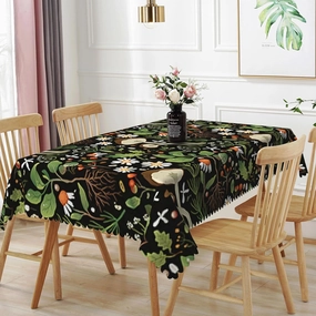 70x140inches Retro Mushroom Tablecloth Fairy Forest Flowers Plants on Black Table Cloth Vintage Botanical Fabric Tablecloth Cover for Kitchen Dining Room Picnic Camping Indoor Outdoor Use