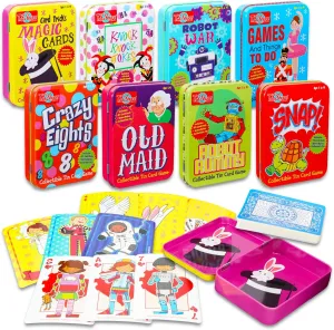 8 Pack Card Games - Tin Case Travel Table Games and Activities, Old Maid, War, Magic Card Tricks, Crazy Eights, More | Family Game Night Bundle