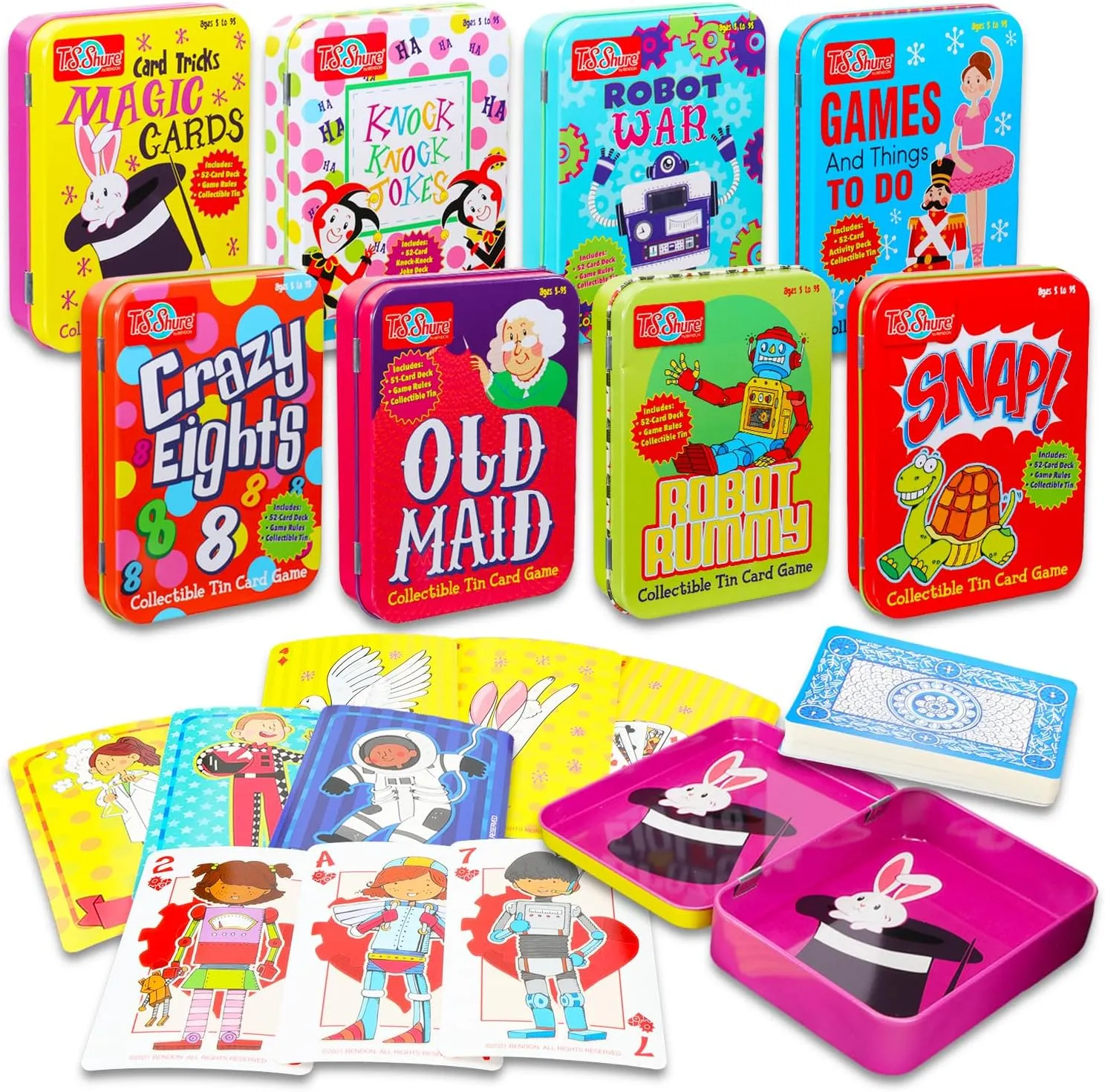 8 Pack Card Games - Tin Case Travel Table Games and Activities, Old Maid, War, Magic Card Tricks, Crazy Eights, More | Family Game Night Bundle