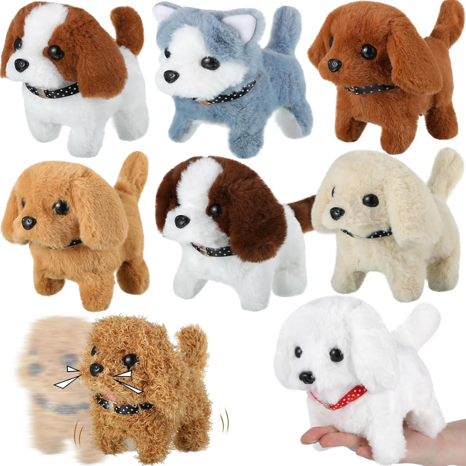 8 Pcs Small Electric Plush Dog Bulk for Graduation 6.7 x 5.9 x 5.1 Inches Pet Stuffed Animals Soft Plush Robot Dog Walking Barking Tail Wagging for Home Decor Birthday Party Favor