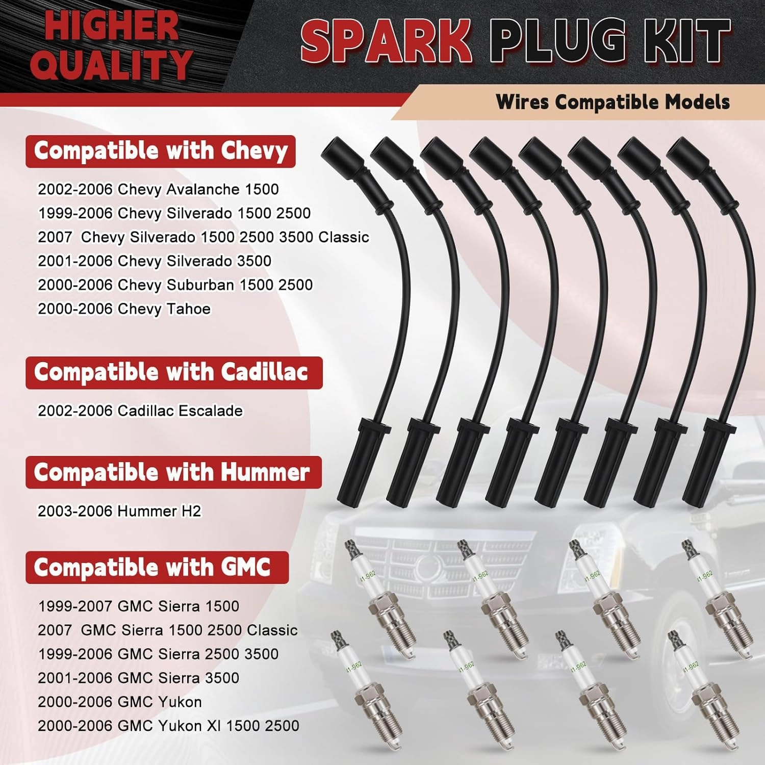 8Pcs Iridium Spark Plugs 41-962 & Spark Plug Wires Set 9748HH Compatible with 1999-2006 Chevy Silverado Suburban Tahoe, Yukon Sierra, Escalade Spark Plugs and Wires Kit for Engines 4.8L 5.3L 6.0L