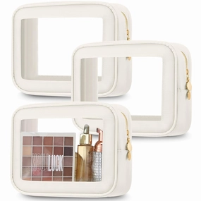 Abbylike 3 Pcs Clear Makeup Bags Travel Cosmetic Organizer Case Nylon Toiletry Bag with Zipper PVC Transparent Makeup Pouch Portable Storage Car Essentials for Women Gifts(Cream White)