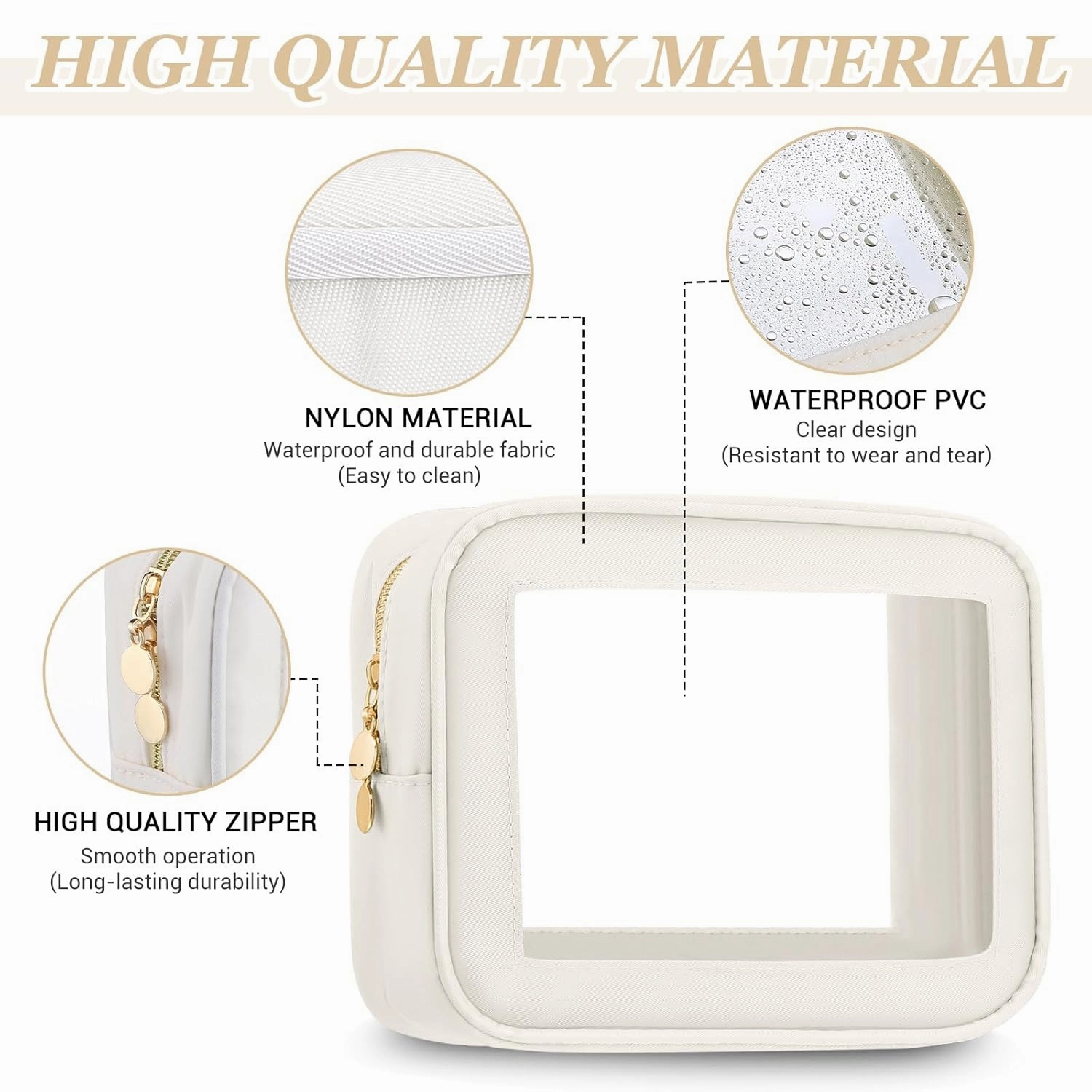 Abbylike 3 Pcs Clear Makeup Bags Travel Cosmetic Organizer Case Nylon Toiletry Bag with Zipper PVC Transparent Makeup Pouch Portable Storage Car Essentials for Women Gifts(Cream White)