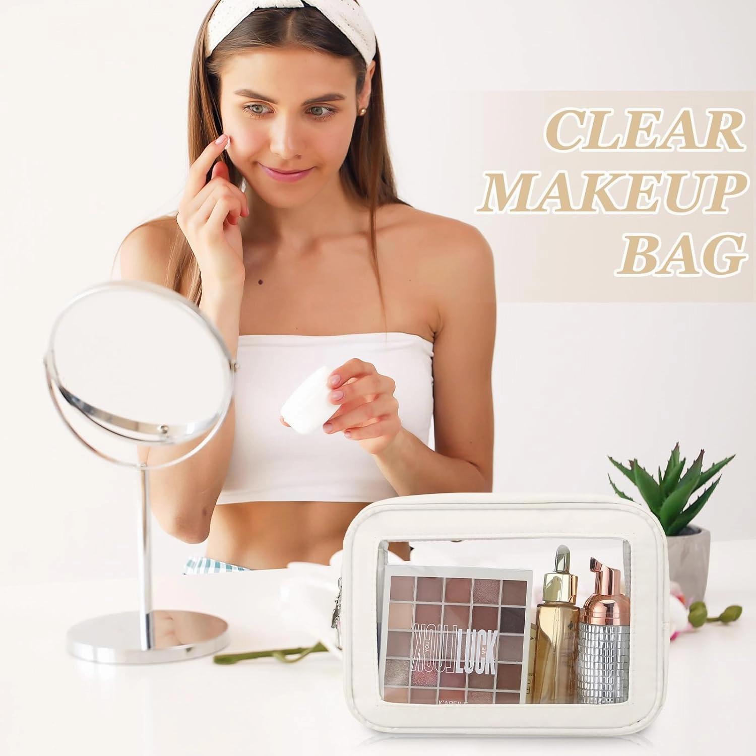Abbylike 3 Pcs Clear Makeup Bags Travel Cosmetic Organizer Case Nylon Toiletry Bag with Zipper PVC Transparent Makeup Pouch Portable Storage Car Essentials for Women Gifts(Cream White)