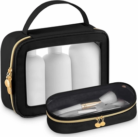 Abbylike Clear Makeup Bag with Makeup Brush Bag Nylon Cosmetic Pouch Travel Toiletry Organizer Transparent Waterproof Storage Case Skincare Car Essentials Pouch with Golden Zipper for Women(Black)