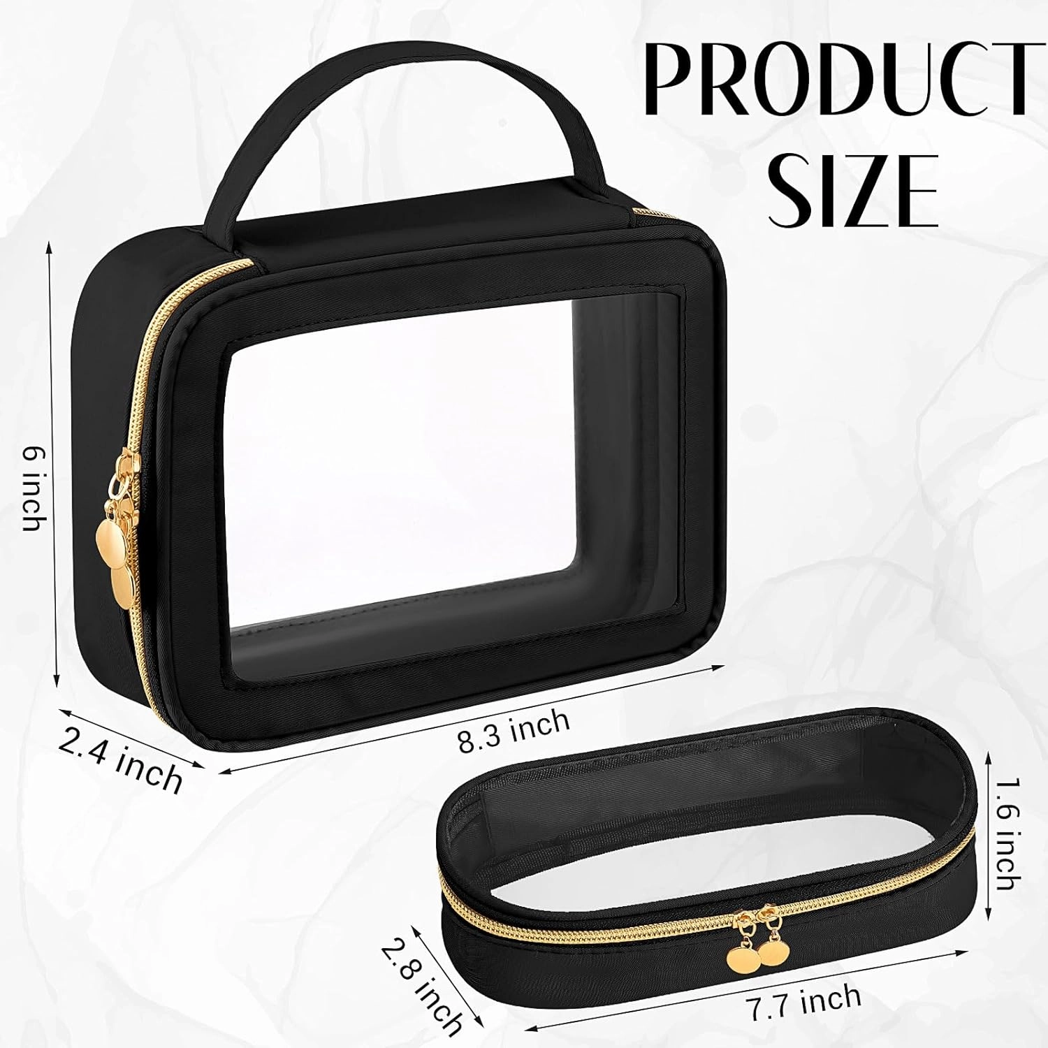 Abbylike Clear Makeup Bag with Makeup Brush Bag Nylon Cosmetic Pouch Travel Toiletry Organizer Transparent Waterproof Storage Case Skincare Car Essentials Pouch with Golden Zipper for Women(Black)