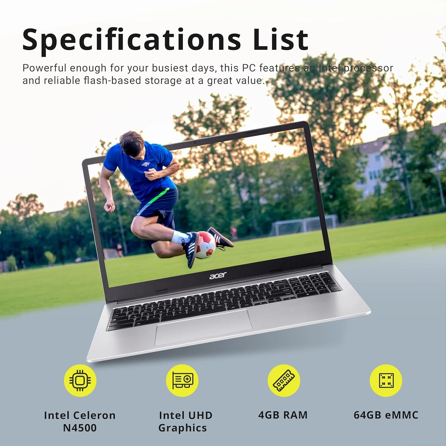 acer 315 15.6" FHD Chromebook, Intel Celeron N4500, 4GB LPDDR4 RAM, 64GB eMMC, Intel UHD Graphics, HD Webcam, Numeric Keypad, WiFi 6, Chrome OS, Pure Silver, 128GB Hotface USB Card