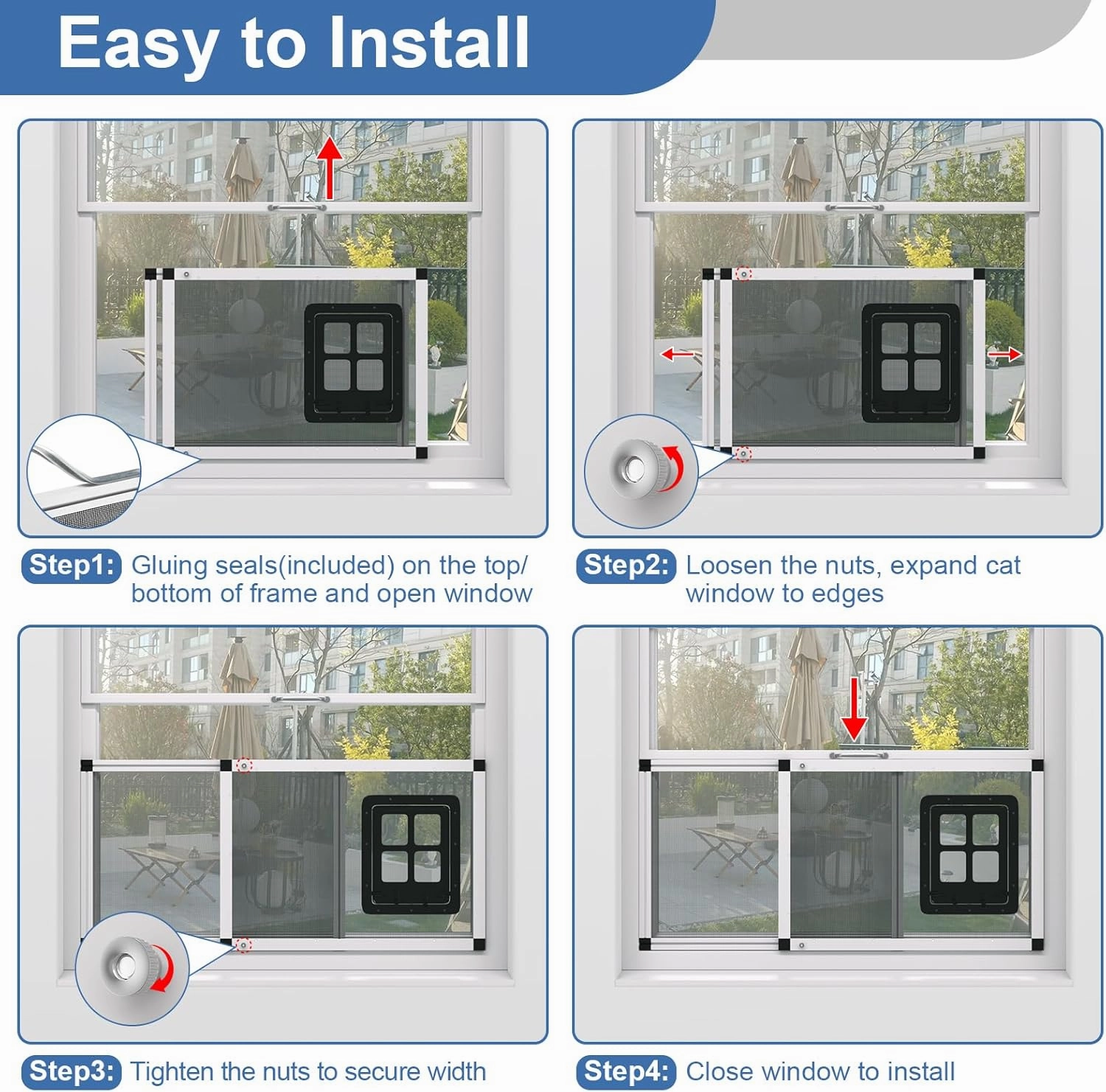Adjustable Aluminum Pet Door for Window 35.4"-46.7" Wide, 4-Way Lock & Magnetic Closure Window Cat Door,No-Tool Cat Window Door Insert,Cat Door for Window with Steel Alloy Screen,Ventilation Bug-Proof