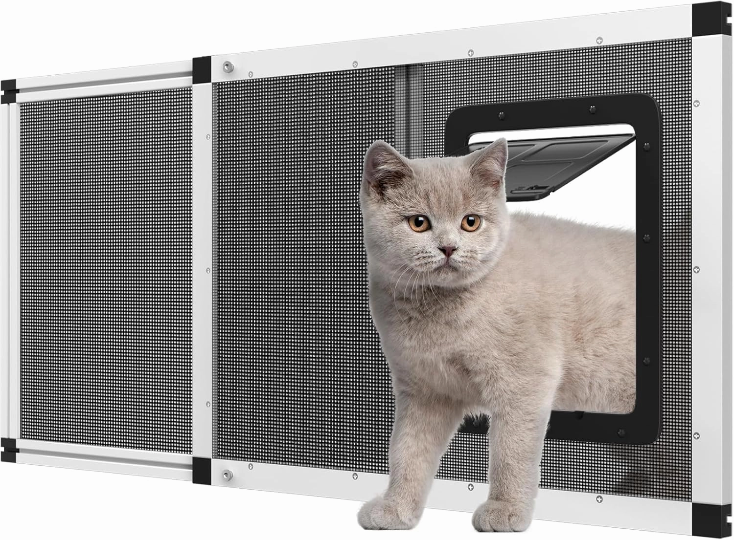 Adjustable Aluminum Pet Door for Window 35.4"-46.7" Wide, 4-Way Lock & Magnetic Closure Window Cat Door,No-Tool Cat Window Door Insert,Cat Door for Window with Steel Alloy Screen,Ventilation Bug-Proof