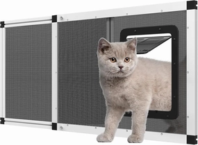 Adjustable Aluminum Pet Door for Window 35.4"-46.7" Wide, 4-Way Lock & Magnetic Closure Window Cat Door,No-Tool Cat Window Door Insert,Cat Door for Window with Steel Alloy Screen,Ventilation Bug-Proof