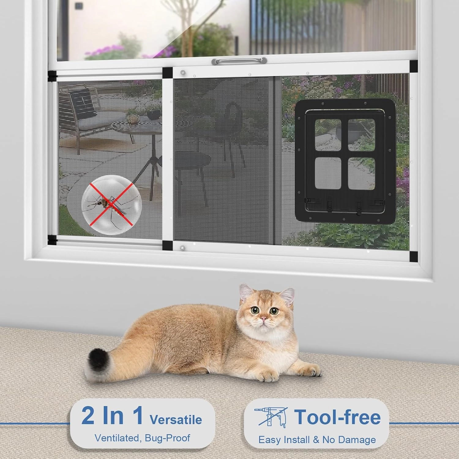 Adjustable Aluminum Pet Door for Window 35.4"-46.7" Wide, 4-Way Lock & Magnetic Closure Window Cat Door,No-Tool Cat Window Door Insert,Cat Door for Window with Steel Alloy Screen,Ventilation Bug-Proof