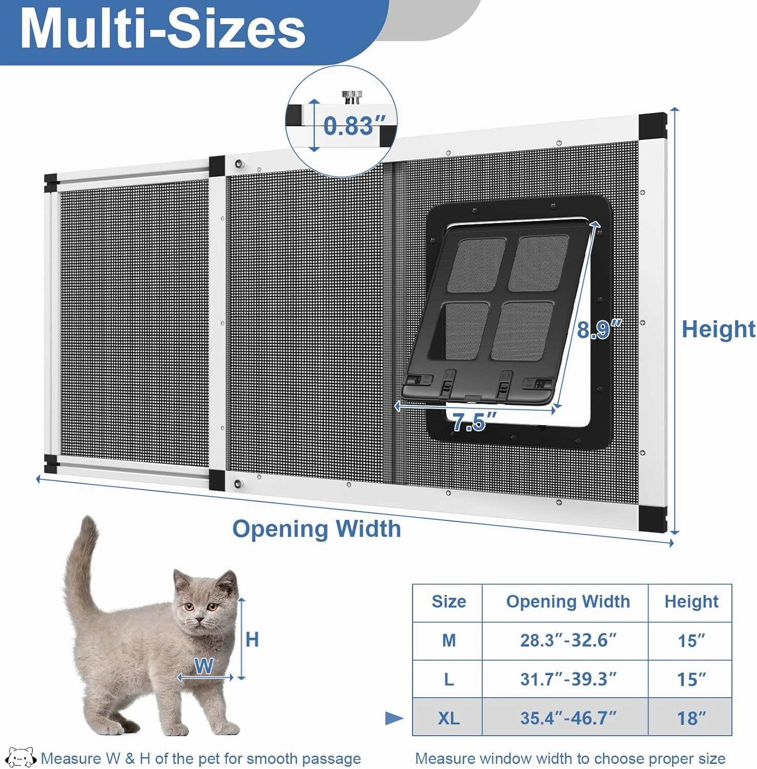 Adjustable Aluminum Pet Door for Window 35.4"-46.7" Wide, 4-Way Lock & Magnetic Closure Window Cat Door,No-Tool Cat Window Door Insert,Cat Door for Window with Steel Alloy Screen,Ventilation Bug-Proof