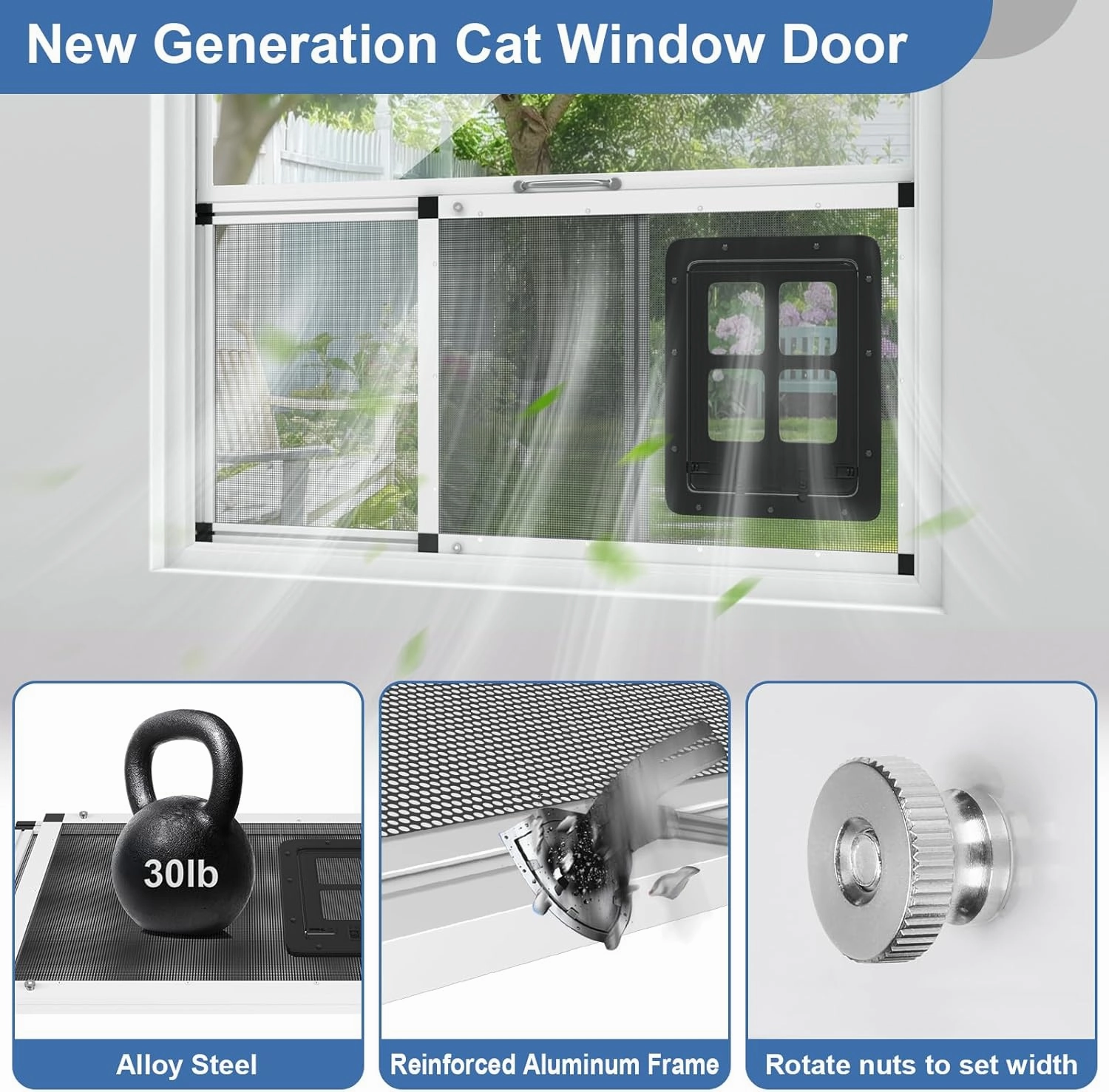 Adjustable Aluminum Pet Door for Window 35.4"-46.7" Wide, 4-Way Lock & Magnetic Closure Window Cat Door,No-Tool Cat Window Door Insert,Cat Door for Window with Steel Alloy Screen,Ventilation Bug-Proof