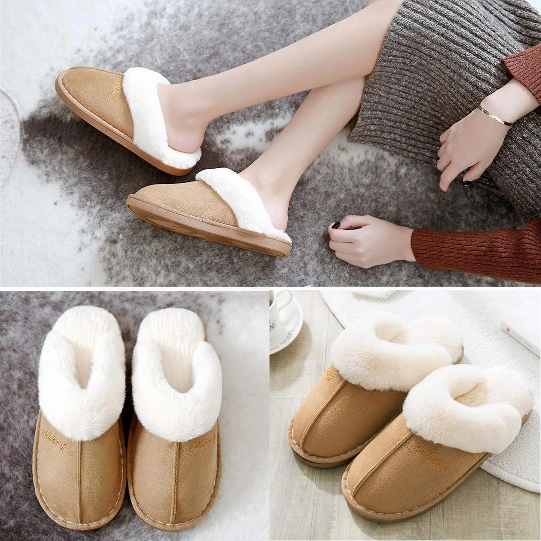 Afellicy Women's Fuzzy Memory Foam Slippers Fall Winter House Shoes Indoor and Outdoor Fur Lining Slip on Bedroom Shoes