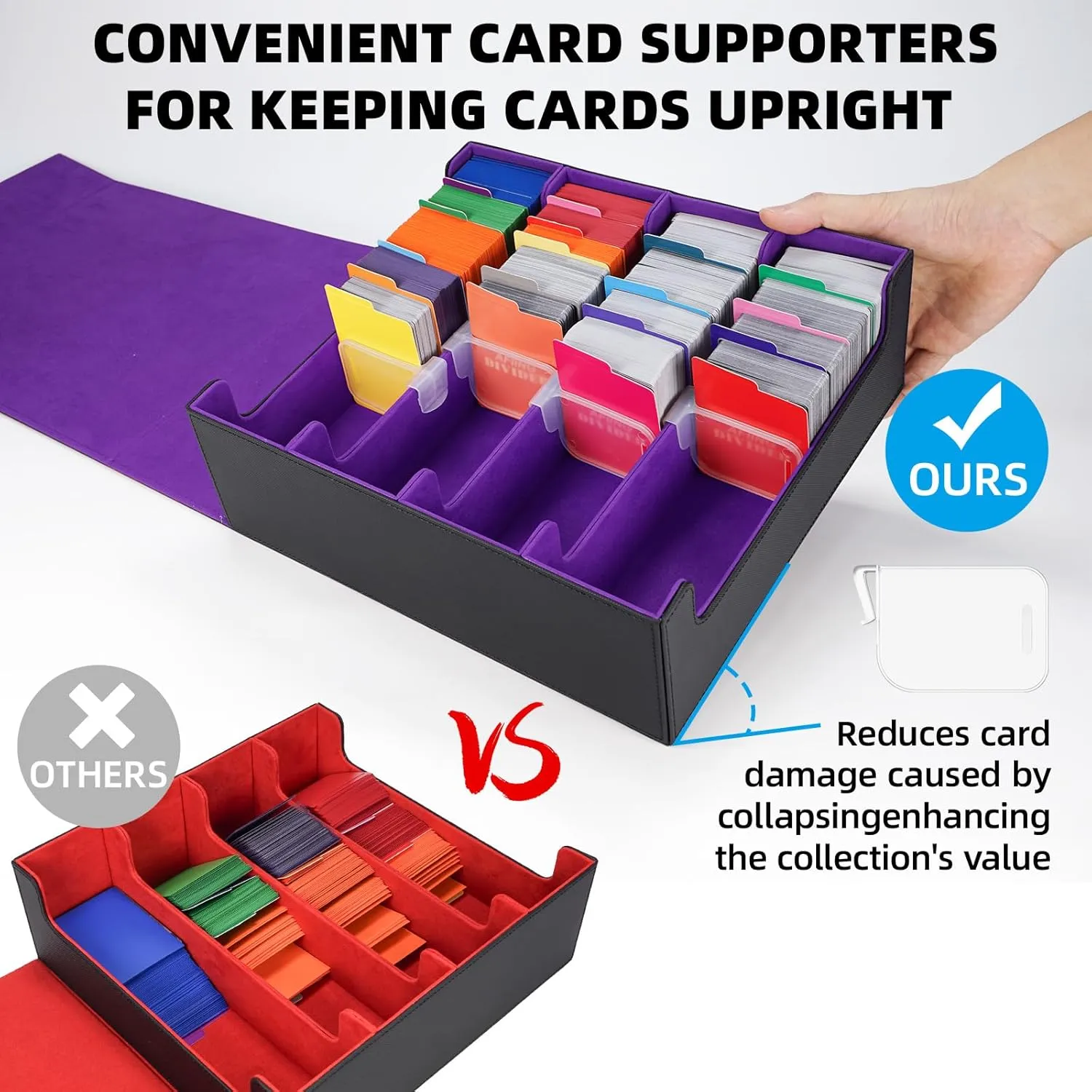 AFIING 4-Row [3200 ] Trading Card Storage Box,card Organizer Holder With 4 suppoters & 48 Dividers, Case Fit for Mtg Tcg Magic Commander Deck Playing Cards, Deck Box for Baseball Sport cards Purple