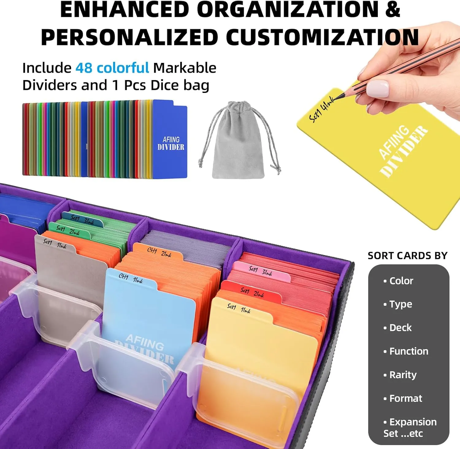 AFIING 4-Row [3200 ] Trading Card Storage Box,card Organizer Holder With 4 suppoters & 48 Dividers, Case Fit for Mtg Tcg Magic Commander Deck Playing Cards, Deck Box for Baseball Sport cards Purple