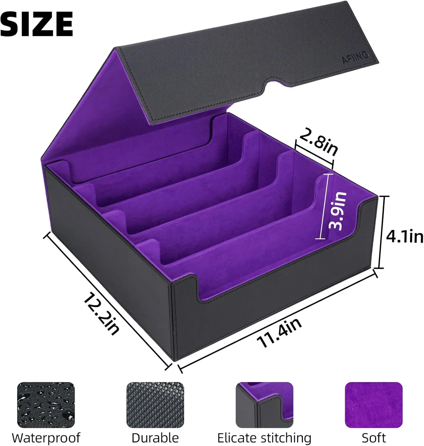 AFIING 4-Row [3200 ] Trading Card Storage Box,card Organizer Holder With 4 suppoters & 48 Dividers, Case Fit for Mtg Tcg Magic Commander Deck Playing Cards, Deck Box for Baseball Sport cards Purple