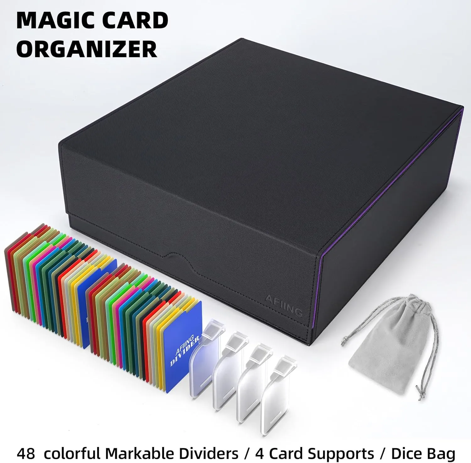 AFIING 4-Row [3200 ] Trading Card Storage Box,card Organizer Holder With 4 suppoters & 48 Dividers, Case Fit for Mtg Tcg Magic Commander Deck Playing Cards, Deck Box for Baseball Sport cards Purple