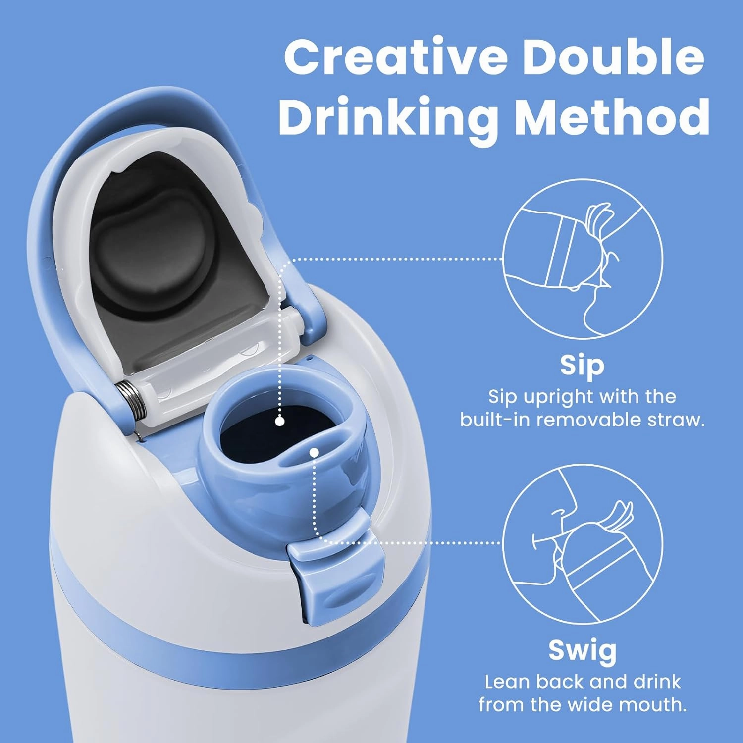 AFXGUSD 20oz Sleek Insulated Water Bottle with Reusable Straw, Fits in Car Cup Holder, Lightweight & Leakproof Stainless Steel Water Bottles for Home/Office/Travel/Sports/School, White
