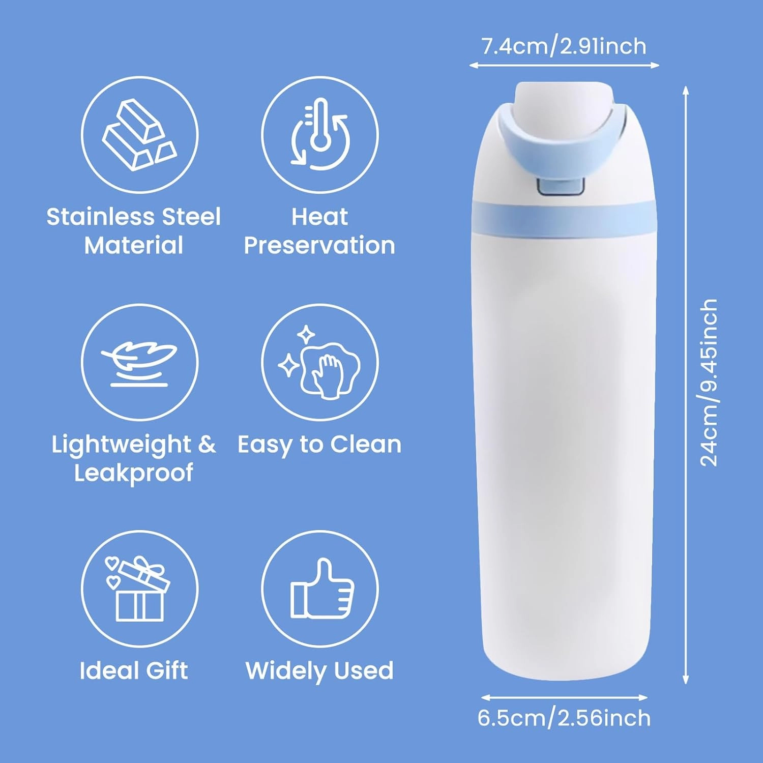 AFXGUSD 20oz Sleek Insulated Water Bottle with Reusable Straw, Fits in Car Cup Holder, Lightweight & Leakproof Stainless Steel Water Bottles for Home/Office/Travel/Sports/School, White