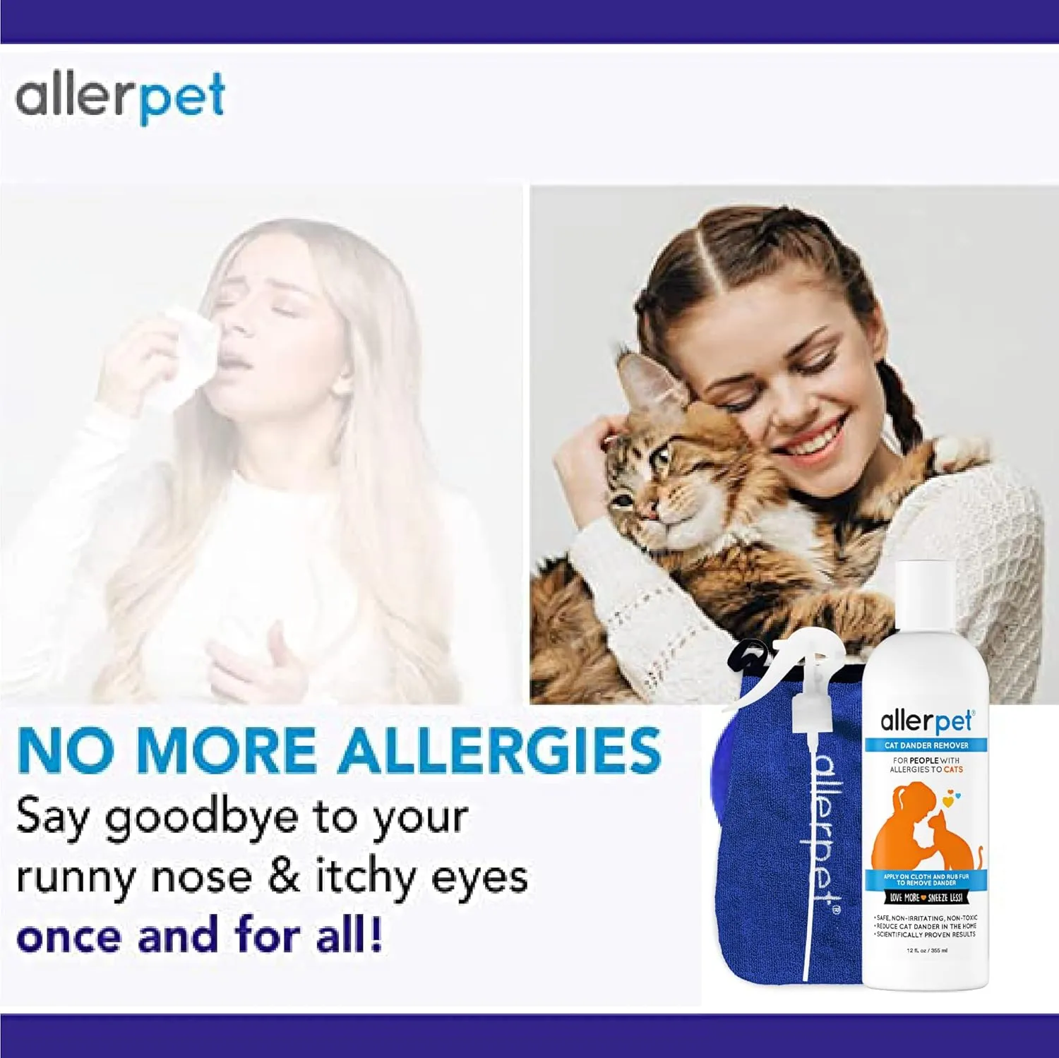 Allerpet Aloe Vera Free Cat Dander Remover - Pet Dander Allergy Relief, Natural & Safe Allergy Relief for Cats and Humans, Soothing Chamomile & Rosemary, Made in USA (12 oz)